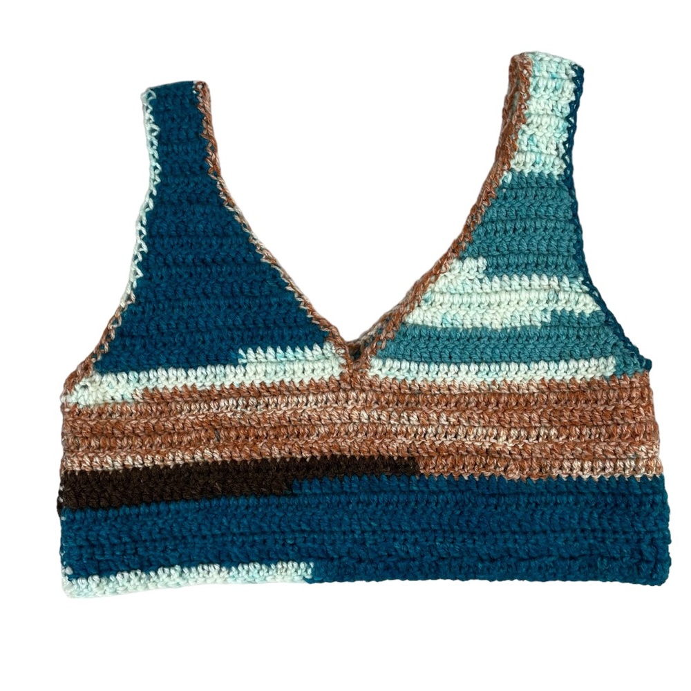 Crocheted  Boho Cropped Top Handmade Knit Top Multi Blue Brown Orange Size L/XL